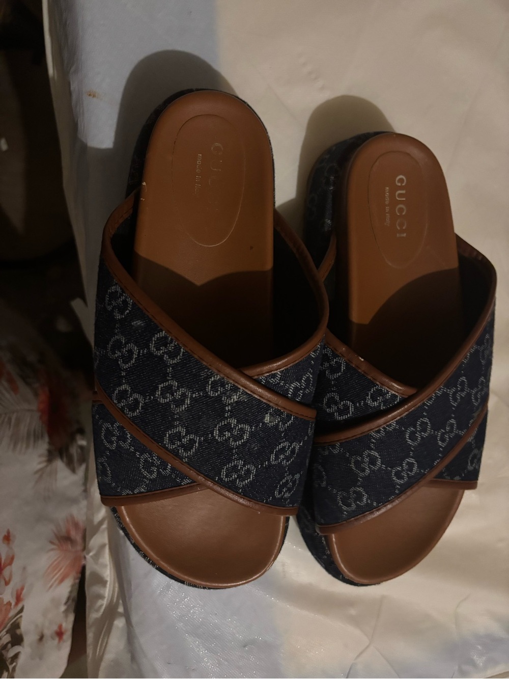 Gucci Navy GG Canvas Crisscross Slide Mules with Brown Leather Trim